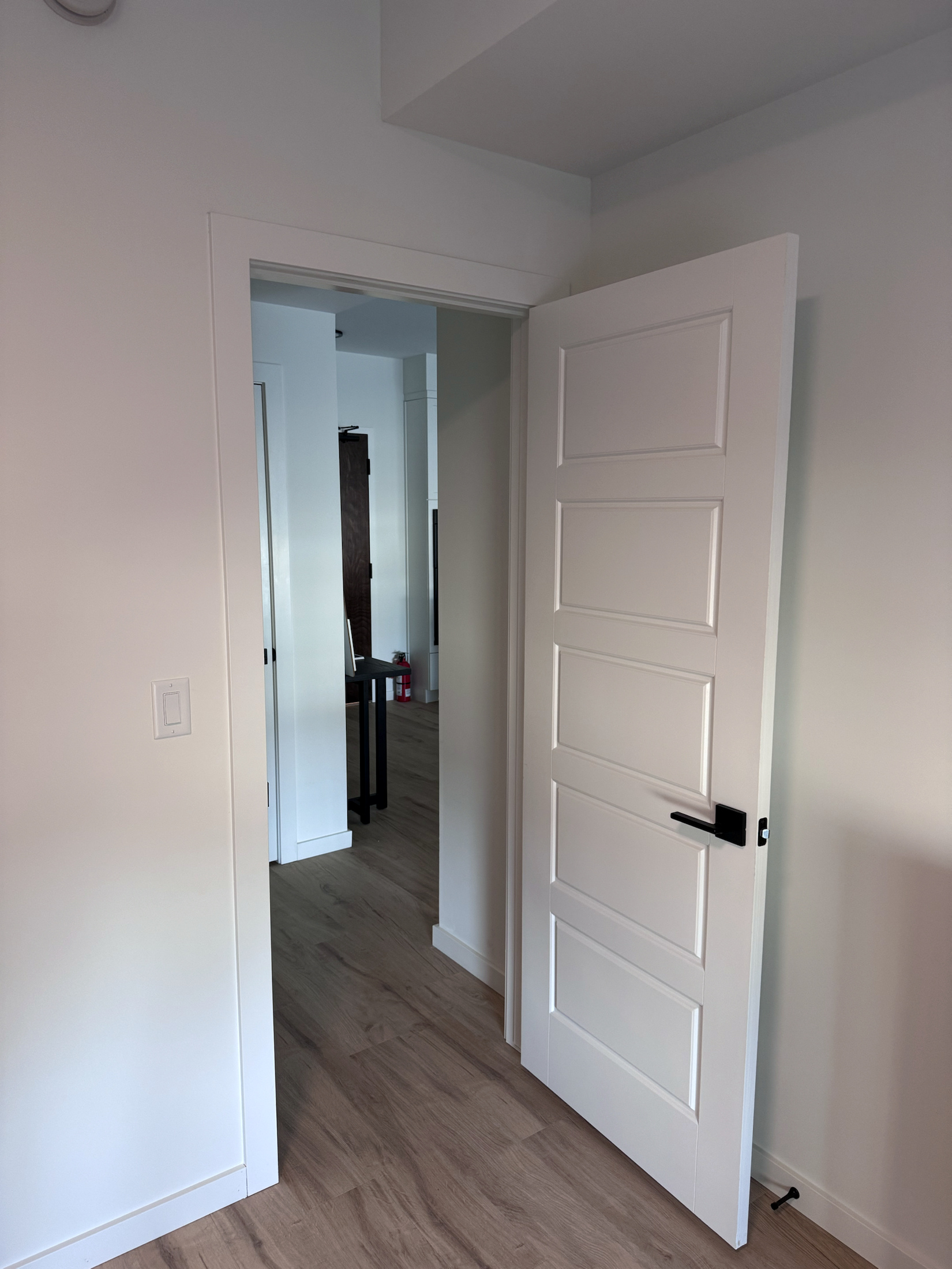 White double interior doors with black lever hardware